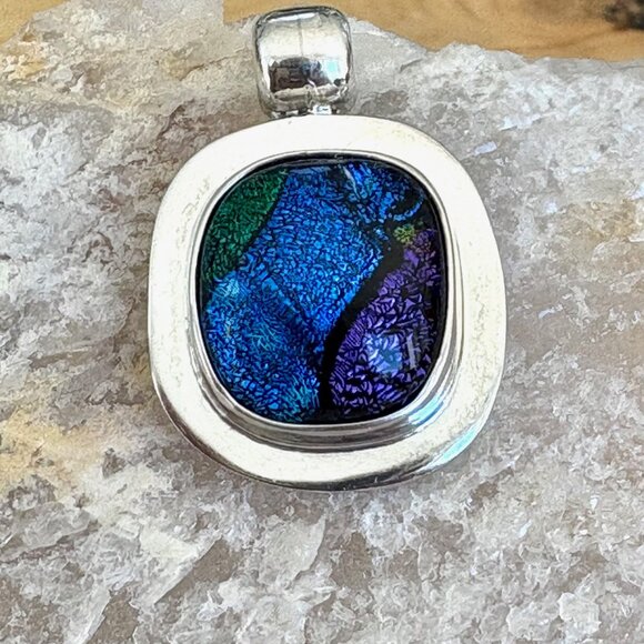 Vintage Dichroic Pendant Sterling Silver Blue Purple Glass Vintage - Picture 7 of 8